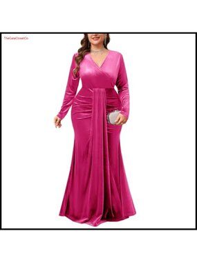 Plus Size Velvet Mermaid Maxi Dress V-Neck Long Sleeve Wedding Guest